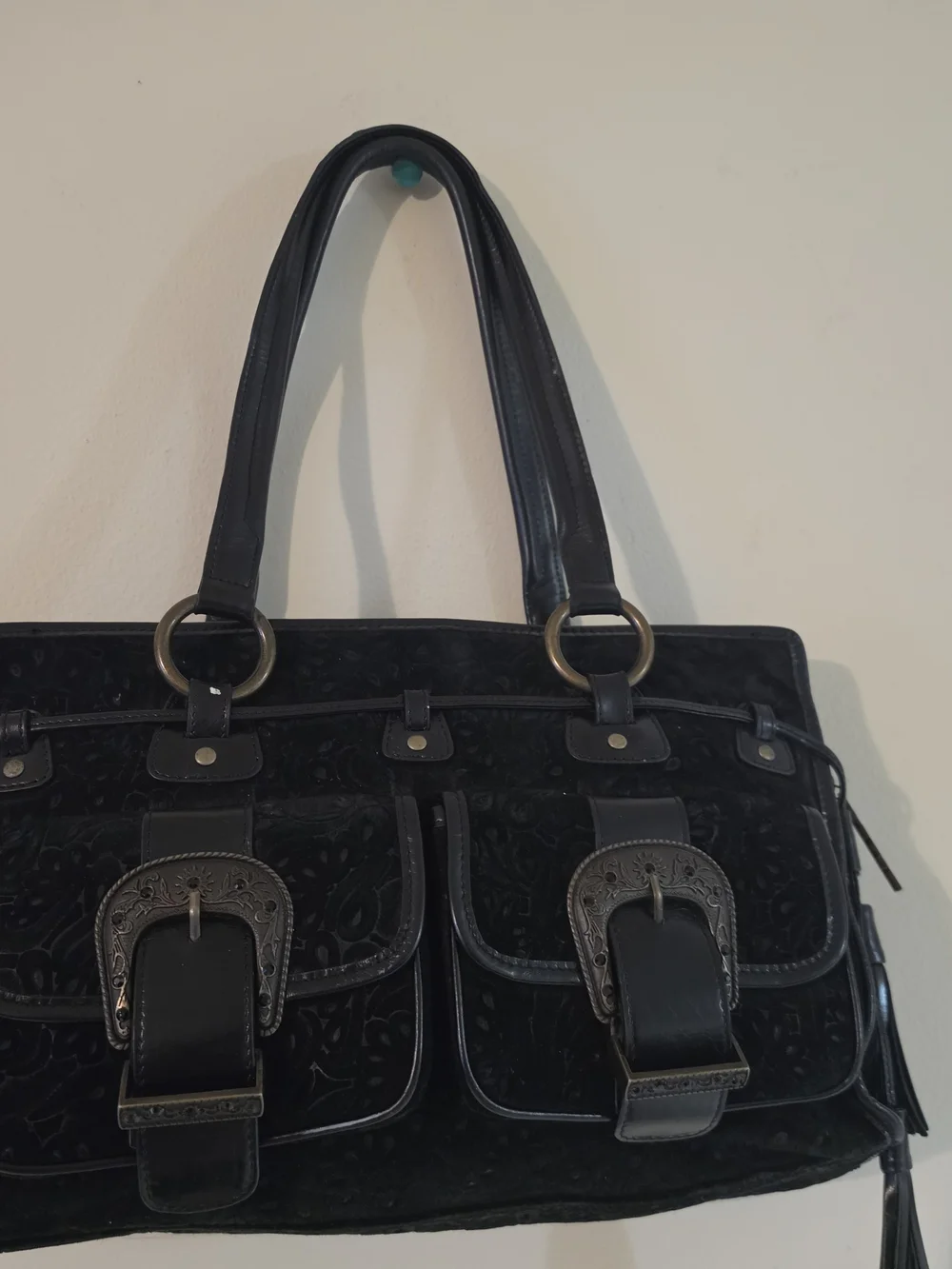 Black Embossed Leather Shoulder Bag with Buckle Pockets